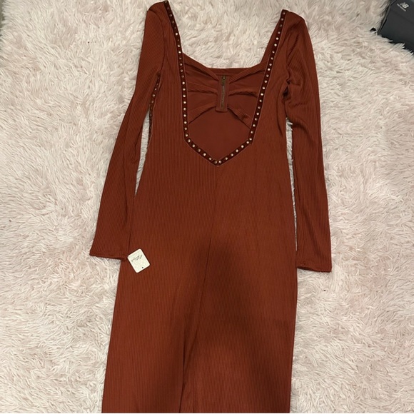 Free People NWT Square Neck Bronze Studded Simone Wine Bordeaux Midi Dress in XL - Picture 4 of 9
